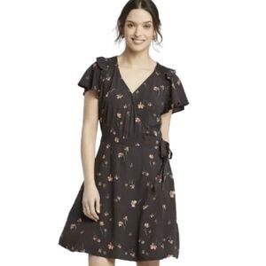 Navy Blue Floral Butterfly Sleeve Spring Wrap Dress NWT